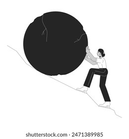 Working hard for result black and white cartoon flat illustration. Hindu woman pushing stone up mountain slope 2D lineart character isolated. Unemployment problem monochrome scene vector outline image