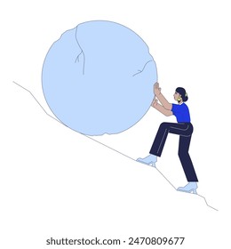 Hart arbeiten für Ergebnislinie Cartoon flache Illustration. Hindufrau schiebt Stein auf Berghang 2D lineart Charakter isoliert auf weißem Hintergrund. Arbeitslosenproblem Szene Vektorgrafik Farbe Bild