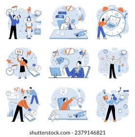 Working hard vector illustration. Discrimination in workplace can contribute to increased frustration and unhappiness among employees Tight deadlines and overwhelming workload can lead to stress