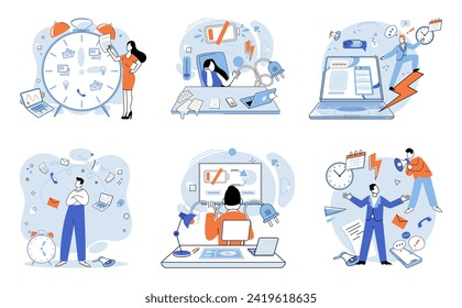 Working hard vector illustration. Experiencing problems and feeling stressed are common outcomes working hard Unhappy and frustrated employees may experience decreased motivation and productivity