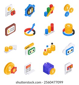 Working harder for your design? Take a look at this set of business flat isometric icons. These modern conceptual vectors demonstrate technical and commercial graphics on a corporate palette.