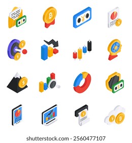 Working harder for your design? Take a look at this set of business flat isometric icons. These modern conceptual vectors demonstrate technical and commercial graphics on a corporate palette.