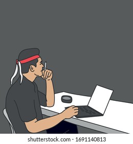 trabajar y tener cigarrillos en casa. hombre frente a la laptop