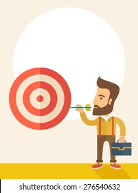 Un hombre hipster que trabaja con estrategia para aumentar sus ventas de mercado. Concepto de estrategia de mercado. Un estilo contemporáneo con una paleta pastel y un fondo beige suave. Diseño plano vectorial