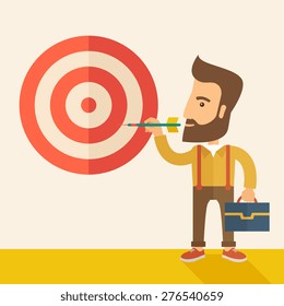 A working hipster man with strategy on how to get his target market sales higher. Market strategy concept. A Contemporary style with pastel palette, soft beige tinted background. Vector flat design