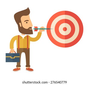 Un hombre hipster que trabaja con estrategia para aumentar sus ventas en el mercado. Concepto de estrategia de mercado. Un estilo contemporáneo. Ilustración de diseño plana vectorial fondo blanco aislado. Cuadrado