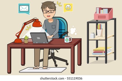 Working in his house on the morning. Freelance people. To manage their own businesses.