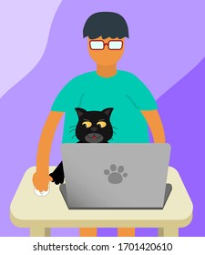 Working at home with annoying black cat Corona virus COVID-19 disease protection concept