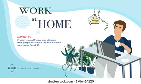 Working at home avoid COVID-19.the man working with laptop and relaxing around the tree and enjoying with coffee .on the table was lab top and coffee.vector.