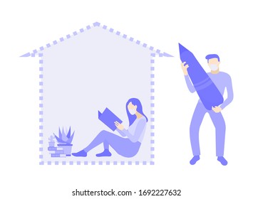 Working at home because corona virus pandemic. Young people, mаn and womаn freelancers working on laptops and computers at home. Vector cartoon doodle flat style illustration