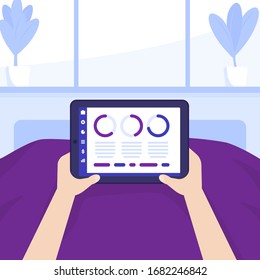 trabajar en casa en cama, tablet en las manos, ilustración vectorial