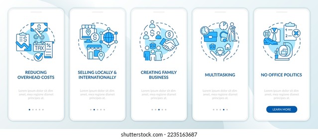 Working from home benefits blue onboarding mobile app screen. Walkthrough 5 steps editable graphic instructions with linear concepts. UI, UX, GUI template. Myriad Pro-Bold, Regular fonts used