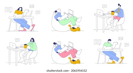 Working at home big illustrations set.