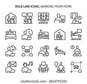 Working from home, bold line icons. The illustrations are a vector, editable stroke, 48x48 pixel perfect files. Crafted with precision and eye for quality.