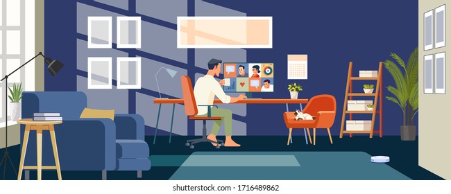 Working at home. Businessmen employee speak talk on video call with colleagues on online briefing, worker have Webcam group conference with coworkers. Flat style Vector Illustration.
