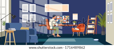 Working at home. Businessmen employee speak talk on video call with colleagues on online briefing, worker have Webcam group conference with coworkers. Flat style Vector Illustration.