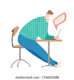 Arbeiten bei Home-Cartoon-Charakter-Konzept: Ein Mann nimmt an der Sitzung im Internet teil. Vector Illustration in flachem Stil.