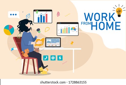 Working at home with cat, coworking space, concept illustration. Young people, man and woman freelancers working on laptops and computers at home. People at home in quarantine. Vector flat style illus