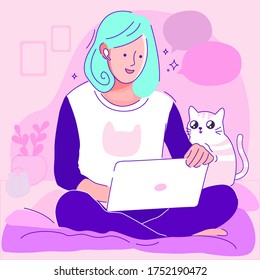 Working at home with cat, coworking space, concept illustration. Young woman freelancers working on laptops. People at home in quarantine. Vector flat style illustration. work in comfortable condition