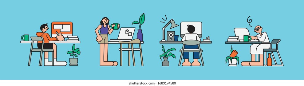 Working at home, co working space, concept illustration. Mаn and woman freelancers working on laptops and computers at home. Vector flat style illustration
