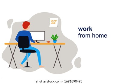 Working at home, co working space, concept illustration. Young man freelancer working on desktop at home with cup of coffee. Vector flat style illustration