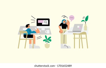 Working at home, co working space, concept illustration. Mаn and woman freelancers working on laptops and computers at home. Vector flat style illustration