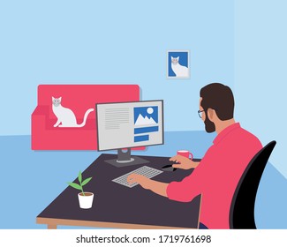 Working at home, co working space, concept. Young mаn freelancer working on computer at home because of corona virus with his cat in sofa. Vector illustration
