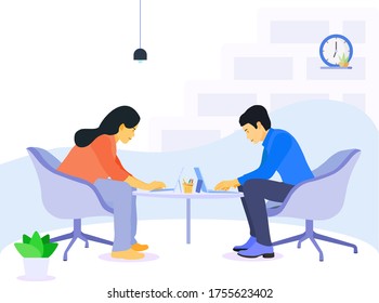 Working at home, co working space, concept illustration. Young people, man and woman 
freelancers working on laptops and computers at home. People at home in quarantine. Vector flat style