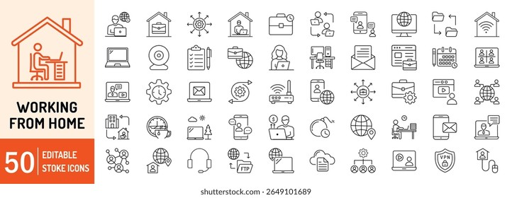 Working from Home collections editable stroke outline web icons set. Remote working, home, networking, office, hybrid, online, flexibility, freelance and more... Vector illustration