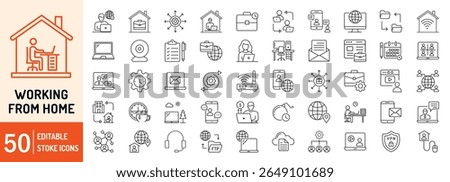 Working from Home collections editable stroke outline web icons set. Remote working, home, networking, office, hybrid, online, flexibility, freelance and more... Vector illustration