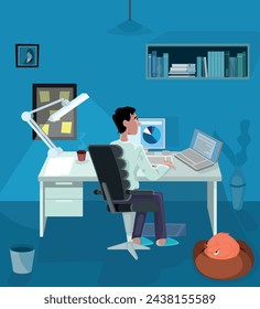 Working from home with the company of the cat. Project manager. Free lancer worker. Designer. Good for motion design - all elements in different layers