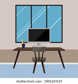 Trabajar en casa con ordenadores en la habitación. Trabajar desde casa en un estilo de diseño plano.