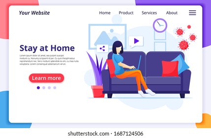 Working from home concept, Awoman sitting on sofa, stay at home on quarantine during the Coronavirus Epidemic. Modern flat web landing page design template. Vector illustration