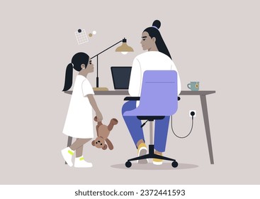 The working from home concept, a character at their desk, momentarily disrupted by their bored child seeking attention