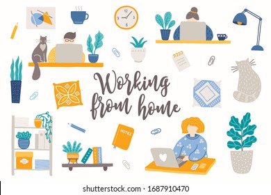 Working from home concept. Collection of hand drawn flat elements - people with notebooks, lamp, notes, plants, pillows, cat, books, cup of tea, wall picture, wall clock, pencils. Vector illustration