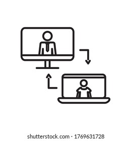 Working at home concept, computers and pictogram boss and worker on screens over white background, line style, vector illustration