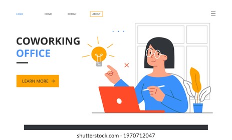 Working at home concept, coworking office. Happy young woman freelancer working on laptop at home. Quarantine. Modern style flat cartoon vector illustration. Website, web page, landing page template