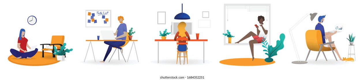 Working at home concept, Coworking space flat illustration. Young people, man and woman freelancers working at their home. Home office in covid-19 crisis. Vector flat style self employed illustration