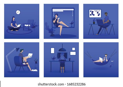 Working at home concept, Coworking space flat illustration. Young people, man and woman freelancers working at their home. Home office in covid-19 crisis. Vector flat style self employed illustration