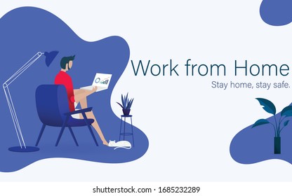 Working at home concept, Coworking space flat illustration. Young people, man freelancer working at their home. Home office in covid-19 crisis. Vector flat style self employed illustration