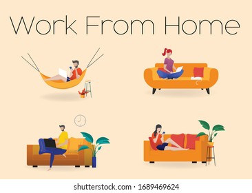 Working at home concept, Coworking space flat illustration. Young people, man and woman freelancers working at their home. Home office in covid-19 crisis. Vector flat style self employed illustration