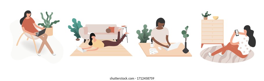 Working at home concept, Coworking space flat illustration. Young people, man freelancer working at their home. Home office in covid-19 crisis. Vector flat style self employed illustration