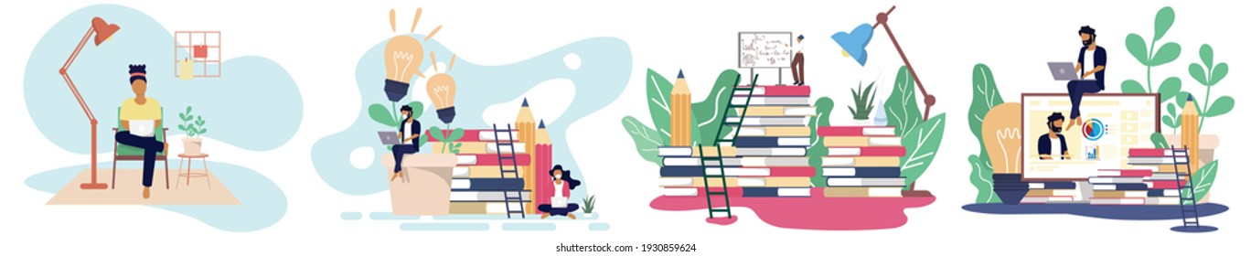 Working at home concept, Coworking space flat illustration. Young people, man and woman freelancers working at their home. Home office in covid-19 crisis. Vector flat style self employed illustration