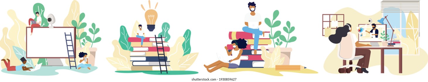 Working at home concept, Coworking space flat illustration. Young people, man and woman freelancers working at their home. Home office in covid-19 crisis. Vector flat style self employed illustration