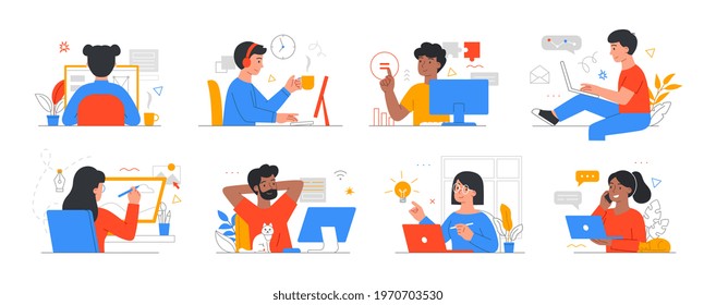 Working at home concept, coworking space. Young people freelancers, men, women working on laptops, computers at home. Quarantine. Set of flat cartoon vector illustrations isolaled on white background