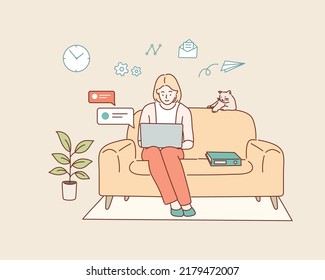 Arbeiten bei zu Hause Konzept, Co-working-Raum flach Illustration. Frau mit Laptop auf dem Sofa. Freelance oder Studium Konzept.Handgezeichnete Vektordesign-Illustrationen.