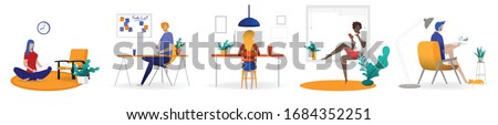 Working at home concept, Coworking space flat illustration. Young people, man and woman freelancers working at their home. Home office in covid-19 crisis. Vector flat style self employed illustration
