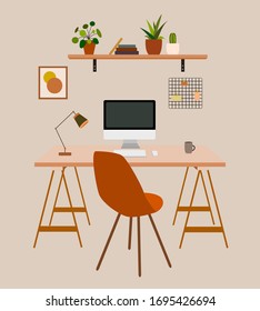 Working at home concept. Cozy and modern interior with computer, desk office, lamp, plants. Freelance workplace. Vector illustration 