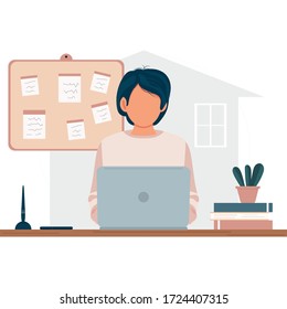 Working at home concept design. Freelance woman sitting behind work table using laptop. Flat cartoon vector illustration on white. E-learning, online study, education concept ets. Stay at home.