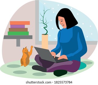 Working at home concept design. Freelance woman working on laptop in the house. Online study and education. Editable vector illustration.